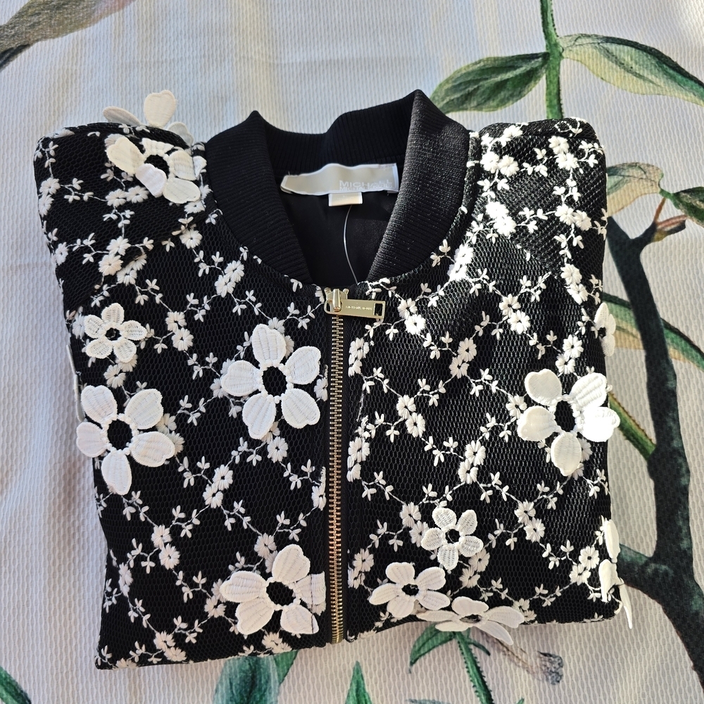 NWT Michael Michael Kors Floral Bomber Jacket Black White Size L $295 MSRP - Picture 4 of 7